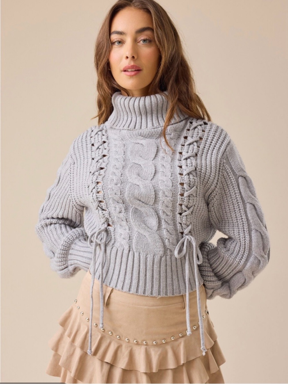 Altar'd State Nikole Cable Knit Chunky Fisherman Stretch Gray Winter Tie Sweater